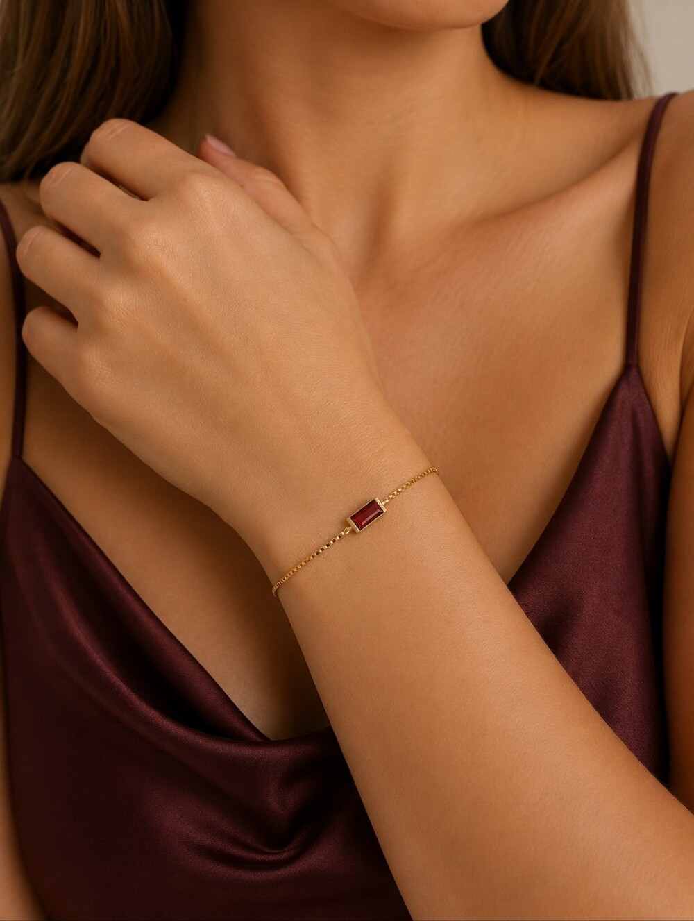 New 14K Gold Garnet January Birthstone Gift Bracelet Adjustable Box Chain